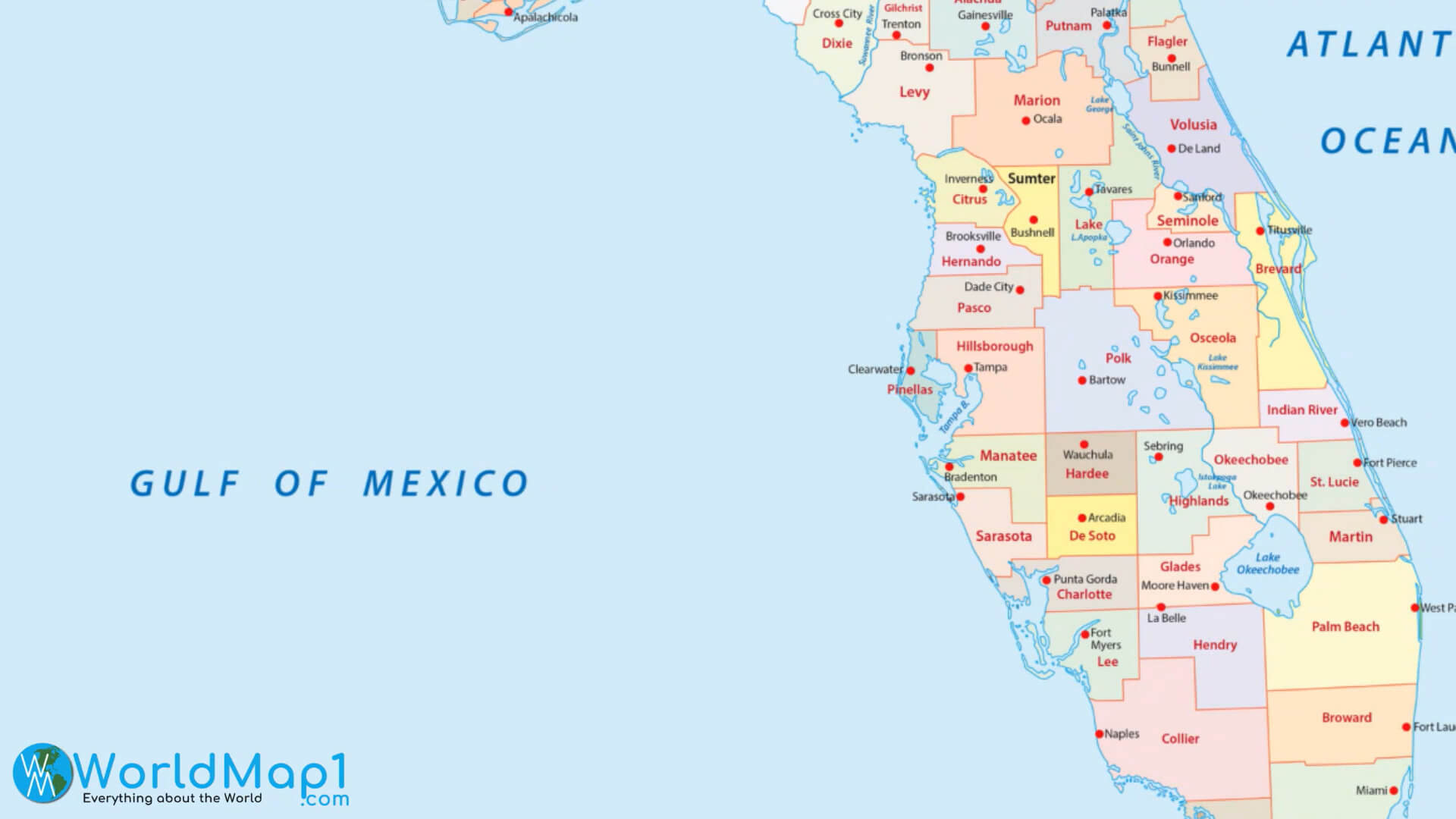 Florida Counties Map with Lakes